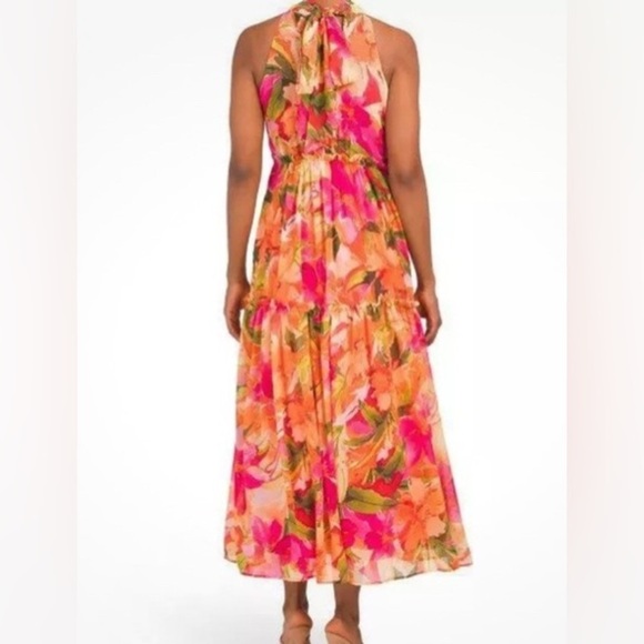 NICOLE MILLER  floral sleeveless halter dress, XL, sheer,chiffon,lined,tiered. - Picture 15 of 15